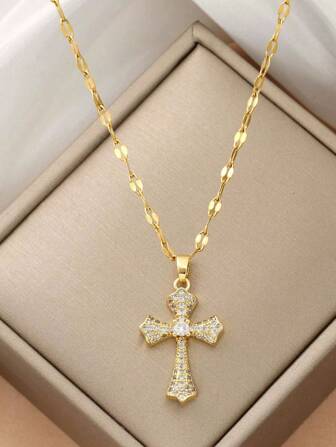 1 件立方氧化锆十字架吊坠项链，时尚奢华高端百搭男女通用项链