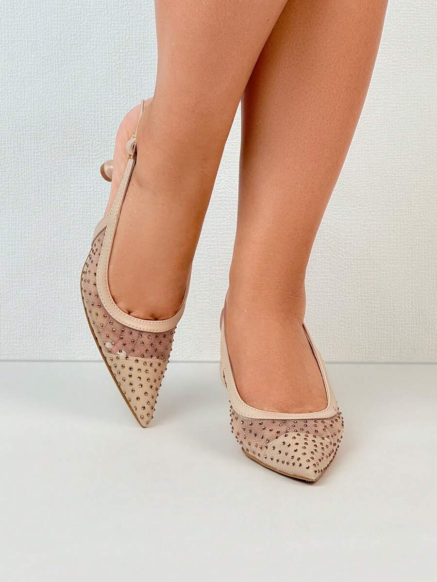 Pointed Toe Mesh Crystal Studded Elegant Pumps, Low Heel Slip On High Heels - Beige - View 1