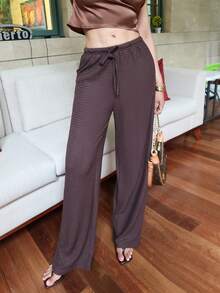 Melissa Matos بنطلون بني نسيج الكاجوال للنساء لأوقات الاستجمام في المنزل