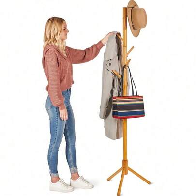 6 - Hook Solid Wood Tree Coat Rack | Adjustable Sizes, Tool - Free Assembly | Hallway/Entryway Hanger For Clothes/Hats/Bags | Natural Wood