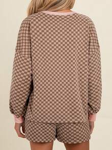 Acelitt Spring And Autumn Brown Chessboard Printed Long Sleeve Hoodie And Shorts Casual Set - Brown - View 2