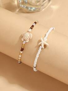 Set de 2 piezas Tobillera dorada con cuentas estilo bohemio, accesorio de joyería de playa con diseños náuticos y de animales marinos, apto para uso diario y viajes