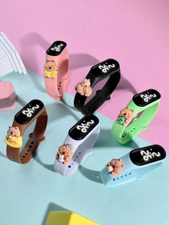 6件儿童电子手表数显LED触摸屏M3可爱水豚DIY适合中小学生时尚休闲百搭户外运动佩戴方便儿童节日礼物送朋友同学礼物返校季礼物开学季礼物儿童电子表组合套装