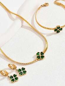 1 Set 4PCS Gold-Color Stainless Steel & Green Zirconia Inlaid Lucky Clover Necklace, Earrings, Bracelet Jewelry Set, Suitable For Ladies Party, Fashion, Streetwear, Personalized, And Daily Wear - Yellow Gold - View 3