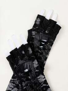 1 Pair Women's Lace-Up Long Sleeve Gloves For Wedding - Black - View 3