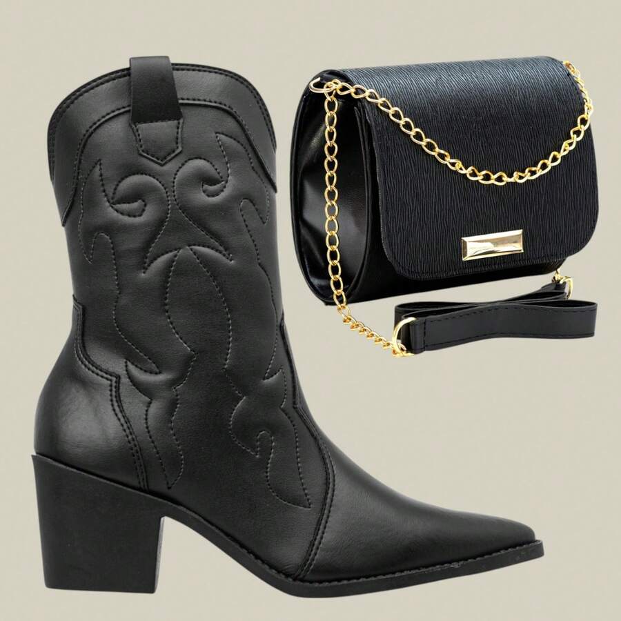 Bota Texana Western Salto Médio Lançamento 2024 - Preto - Visão 1