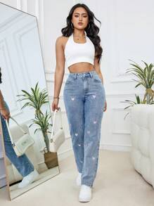 Women's Fashionable Casual Blue Elastic Snowflake Denim Pants With Pink Heart Embroidery Decoration, Soft And Comfortable For Spring, Summer, Autumn And Winter