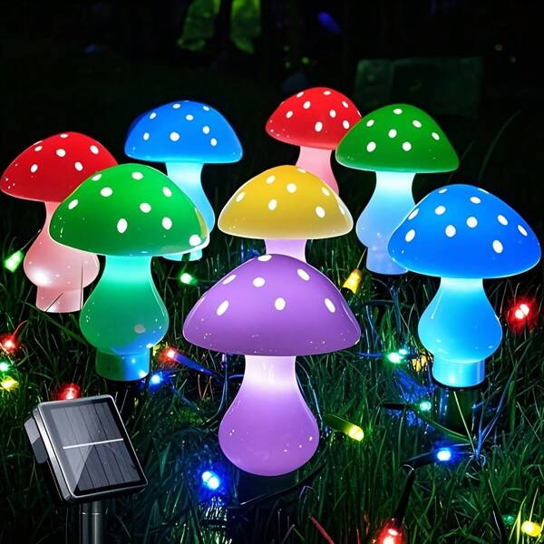 6pcs Solar Power Mushroom Lights Controlled By One, Outdoor Garden Decor, Christmas Fairy Lights With 800mAh Solar Panel, Red & Yellow LED Mushrooms, Plastic Fences With Dot Pattern, For Patio, Wedding, Party & Festival Lighting, Holiday Lights | Funny Garden Decoration | Solar Powered Lights, Mushroom Decor