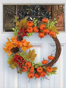 1Pc 16nch Fall Wreath For Front Door Decoration, Autumn Wreath With Artificial Maple Leaf Harvest Pumpkins Pine Cone Wreath For Thanksgiving Indoor Fireplace Window Decor - Multicolor - View 5