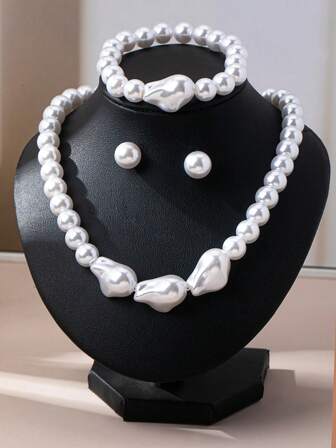 4pcs/Set Fashion & Elegant White Pearl Necklace + Bracelet + Earrings Jewelry Set, Suitable For Beach, Party, Banquet, Outfit Accessory