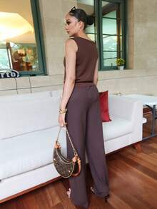 Melissa Matos بنطلون بني نسيج الكاجوال للنساء لأوقات الاستجمام في المنزل