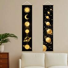 Moon Phase And Planets Tapestry Wall Hanging Decorative Banner, Aesthetic Art Decor For Bedroom, Dorm, Living Room - Black Gold - View 4