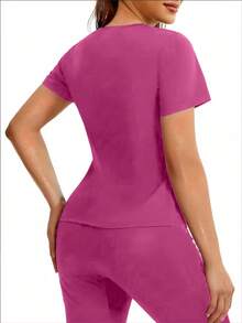 Plus Size Women's Sweat Enhancing Crew Neck Sweat Shirt, Suitable For Gym And Yoga, Running, Workout - Hot Pink - View 2