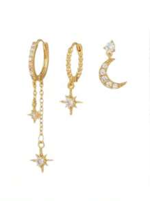 Juego de 3 pendientes aro dorados con baño de oro de 14K, pendientes colgantes con aros apilados en forma de corazón/estrella/luna, apropiados para mujeres, de estilo de moda.