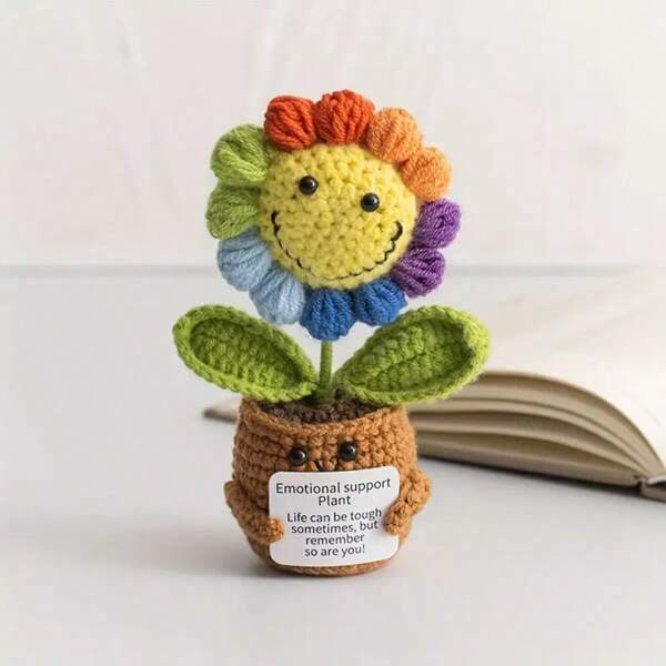Adorable Crochet Sunflower Pot With Inspirational Quote, Handmade Knitted Artificial Flower Potted Plant, Synthetic Yarn Crochet Flower Decoration, Perfect For Anniversary, Birthday, Wedding Mementos And Holiday Party Family Table Decoration Gift, Christmas & New Year Present Or As Home Decoration , Office Desk Decor,Room Decor