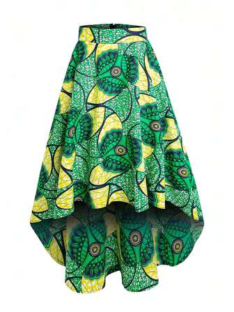 Falda midi con estampado africano Ankara y estampado geométrico verde para mujeres