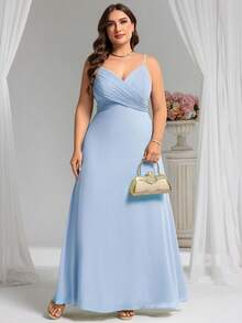 EVERPRETTY Đầm maxi màu xanh dương thanh lịch cổ chữ V, phần ngực xếp ly, thích hợp cho phù dâu mùa hè. - Màu xanh nhạt - Xem 4