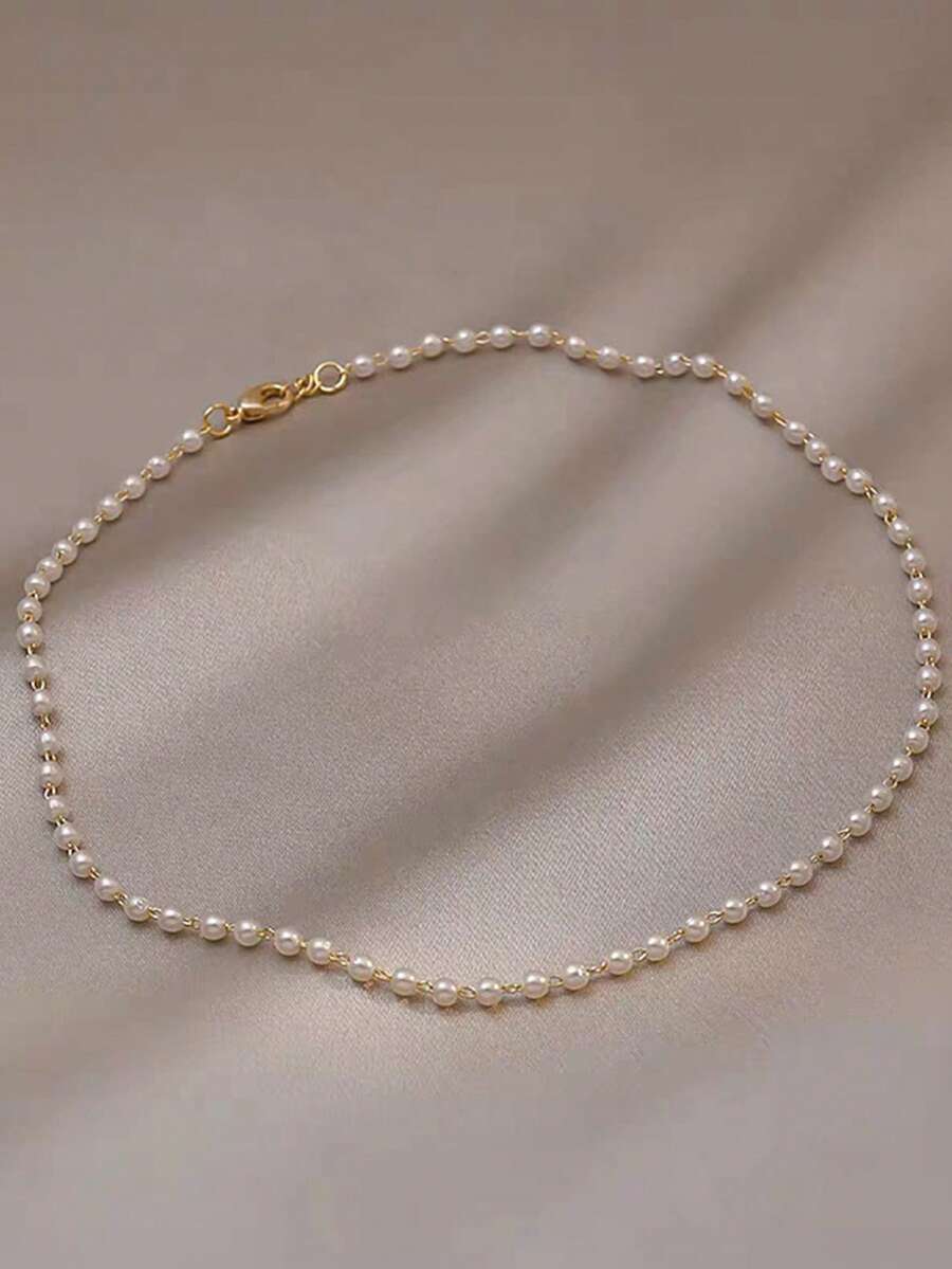 1 件法国复古珍珠项链，简约锁骨链，珍珠数量随机 - 白 - 查看 1