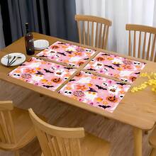 4/6pcs Halloween Ghost, Pumpkin, Bat Print Placemat Set, Woven Polyester Rectangle Tablecloths, Hand Wash Only, Kitchen & Home Decor, Indoor Outdoor Dining Decor - Multicolor - View 5