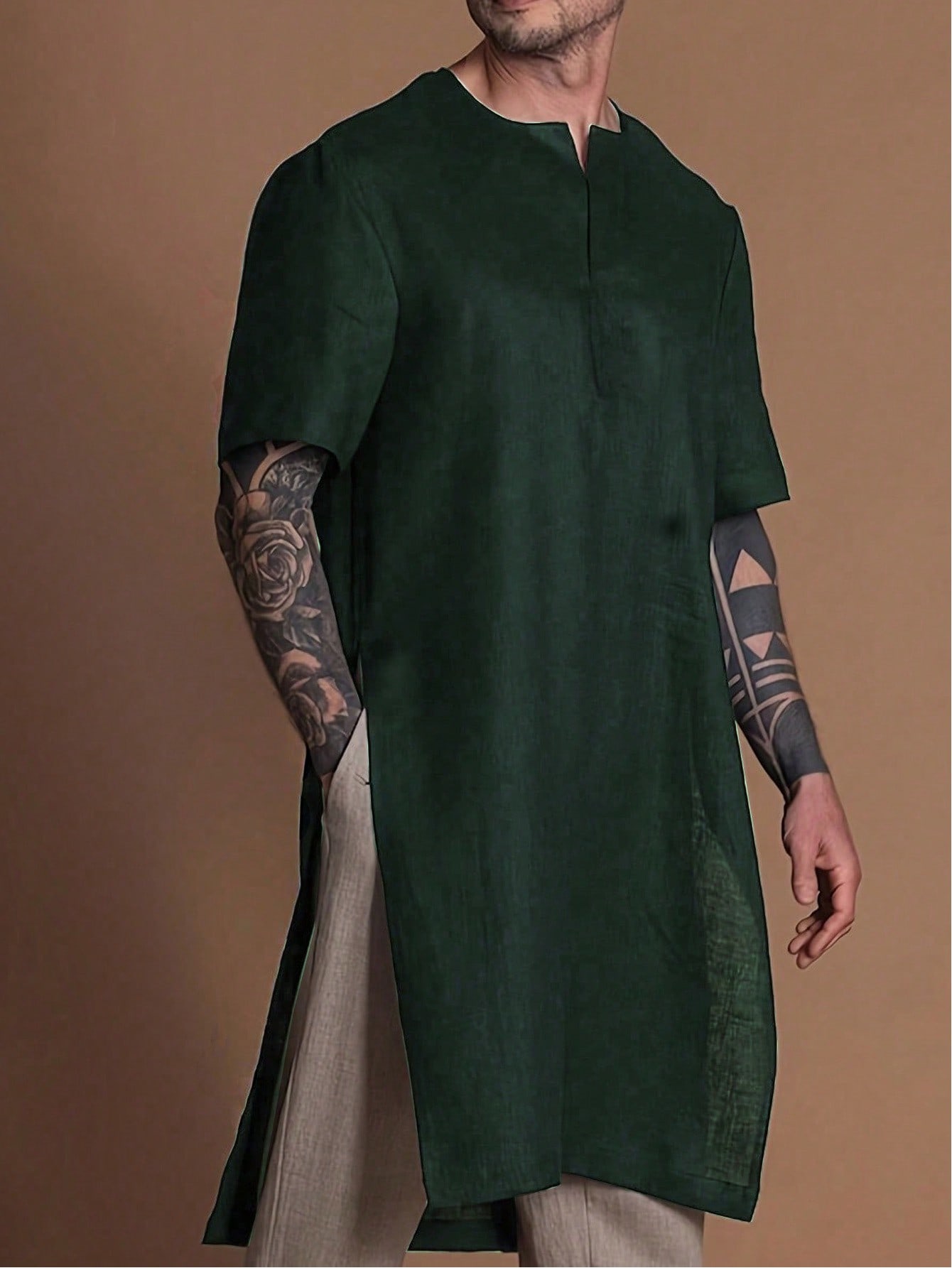 Men's Casual Long T-Shirt, Solid Color, Soft Woven Fabric, Simple & Elegant Design, Suitable For Outdoor Activities, Commuting, Versatile, Style, Essential Short Sleeve Robe For Men