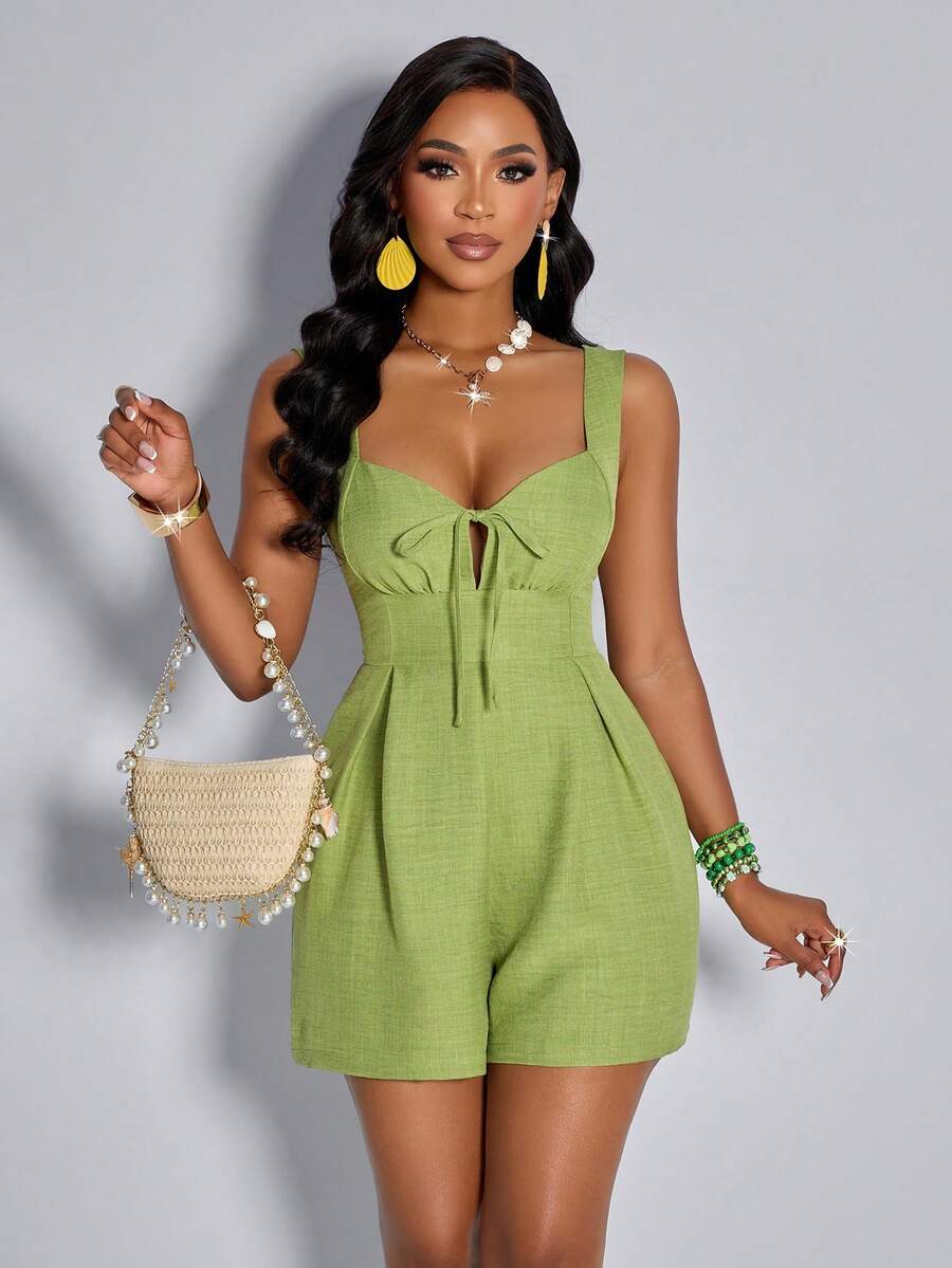 Sexy Elegant Solid Color Women's Tie Front Jumpsuit Romper - 豆綠色 - 查看 1
