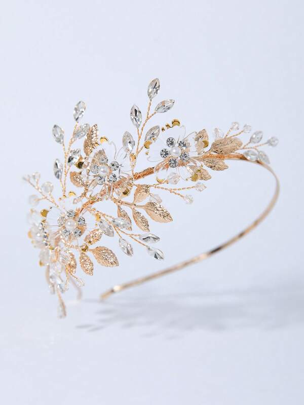 1pc Bridal Golden Leaf, Flower & Pearl Hair Accessory, Vintage Sparkling Crystal Rhinestone Headband