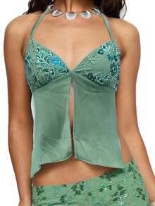 Women's Slit Front Halter Tops Stylish Sequined Floral Backless Sleeveless Vest For Summer - Green - View 6