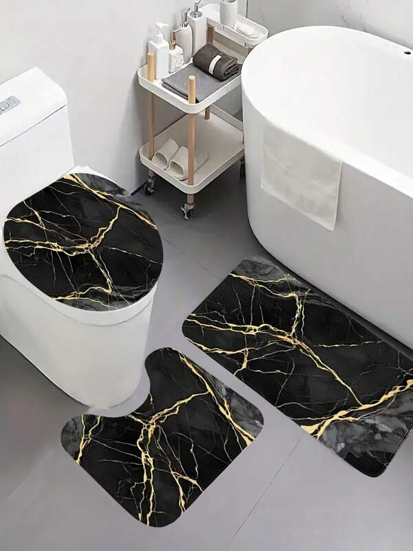 3 PiecesFlannel Gold Marble Pattern Toilet Set Including Bath Mat, U-Shaped Mat, Toilet Lid Cover, Machine Washable, Suitable For Bathroom, Restroom, Living Room, Home Use Back To School