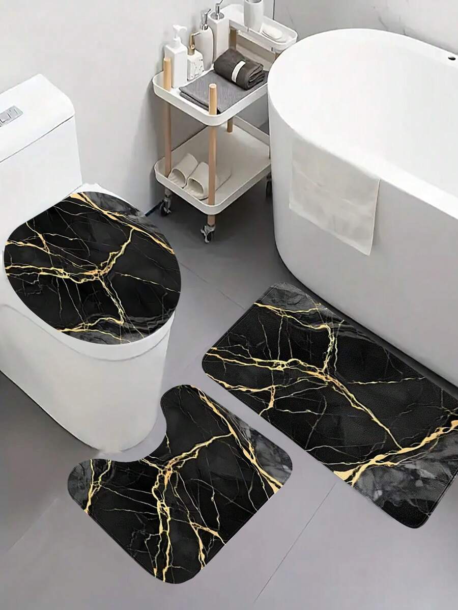 3 Pieces Flannel Gold Marble Pattern Toilet Set Including Bath Mat, U-Shaped Mat, Toilet Lid Cover, Machine Washable, Suitable For Bathroom, Restroom, Living Room, Home Use Back To School