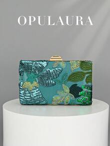OpulAura 亮片刺绣花卉手拿包，女士时尚亮片拼布手提包，派对晚宴包，随机剪裁，适合女性，适合派对、婚礼、舞会、节日。非常适合派对、婚礼、舞会、晚会等场合，搭配节日派对礼服、晚礼服和亮片服装。 - 綠色 - 查看 3