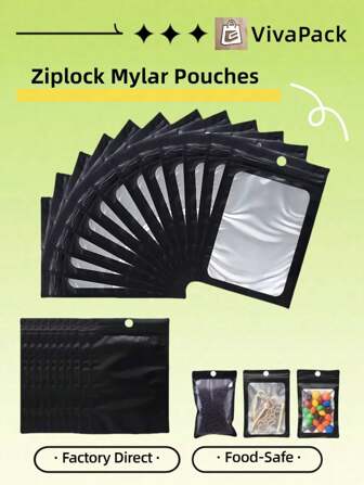 50 Piezas/100 Piezas Bolsas de almacenamiento de alimentos a prueba de olores con cierre resellable y ventana transparente. Envoltura Mylar para el almacenamiento hermético de alimentos, muestras, bocadillos, galletas, granos de café, joyas y talla grande.