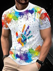 男士涂鸦棕榈树印花T恤，休闲短袖圆领T恤，夏季户外男装 - 彩色 - 查看 3