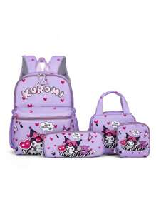 Sanrio Kuromi Anime Rucksack mit Lunch-Tasche, Nylon Laptop-Rucksack für Jungen und Mädchen, Mehrere Fächer, externer Geräteport, wasserdichtes Design, verstellbare Schultergurte, ideal für Schule, täglichen Gebrauch und Reisen, süßer Cartoon-Muster, thematische Lunch-Tasche, Reißverschluss-Verschluss, Schul-Rucksack