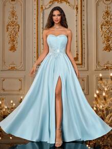 VIPGIRL Vestido de satén sin tirantes para fiesta de graduación en color blush y azul hielo con Body bordado y abertura alta, elegante vestido de gala de estilo princesa, atuendo para dama de honor, vestido de fiesta para mujeres, vestidos formales y de noche para mujer
