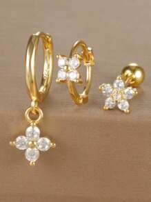 Set de 3 piezas de pendientes de flor de acero inoxidable con circonia para mujeres, aros y aretes de cartílago plateados en oro de 14K hipoalergénicos para uso diario