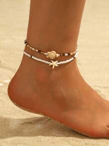 Set de 2 piezas Tobillera dorada con cuentas estilo bohemio, accesorio de joyería de playa con diseños náuticos y de animales marinos, apto para uso diario y viajes