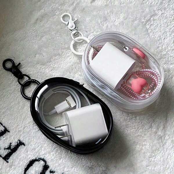 2pcs/Set Black And White Portable Mini Clear Zipper Key Pouch Keychain, Compact Multi-Function Storage Bag, Earphone And Charger Case With Keychain, Transparent Travel Accessory Valentine's Day Valentines Gift Souvenir Car Accessories Bag Charm Backpack For School