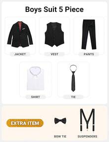 Boys Formal Suit Set - Suspenders Adjustable Waist Ring Bearer - 黑色 - 查看 2