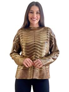 Women's Knitted Blouse Round Neck Ribbed Metallic Shine Winter Striped Wool-Like Fabric Knitted Contrasted Waistband Daily Night Holiday Travel - 摩卡棕 - 查看 2