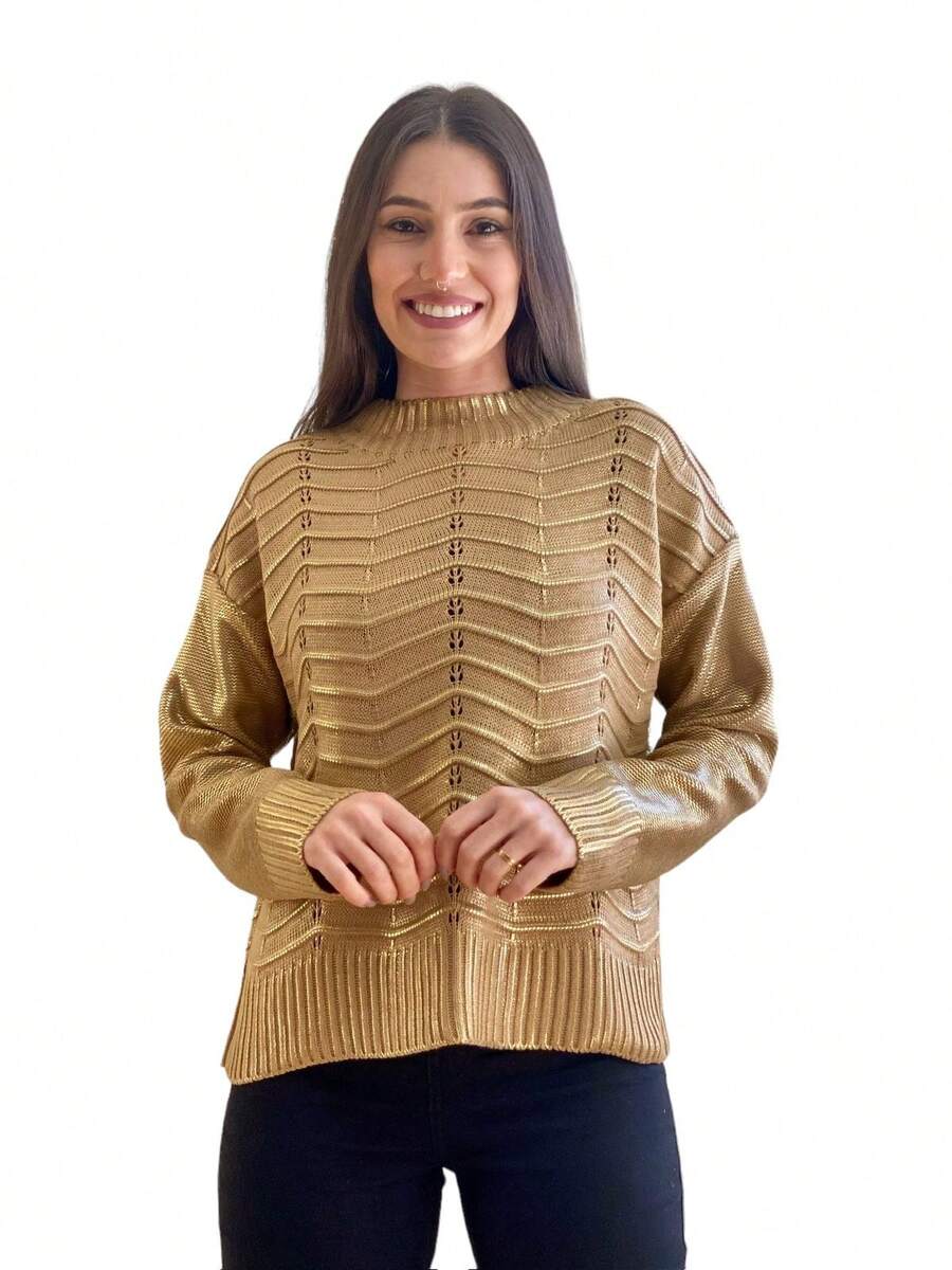 Women's Knitted Blouse Round Neck Ribbed Metallic Shine Winter Striped Wool-Like Fabric Knitted Contrasted Waistband Daily Night Holiday Travel - 米色 - 查看 1