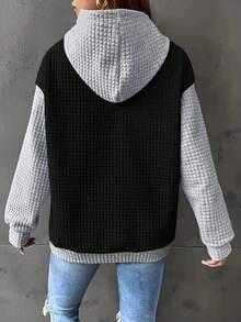 Solid Color Knitted Jacquard Casual Loose Long Sleeve Hooded Pocket Sweatshirt - Dark Grey - View 3