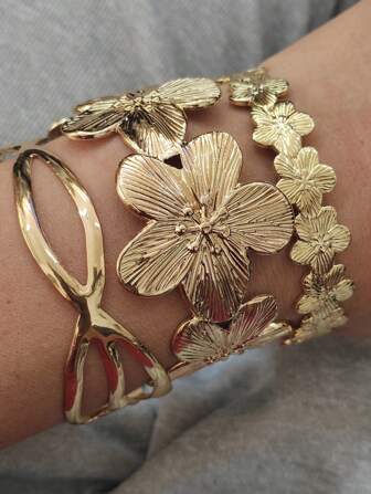 One Piece Gold Flower Open Bangle Bracelet Jewelry For Women Girl Holiday Beach Jewelry