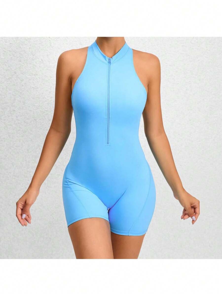 Women's Sleeveless Yoga Jumpsuit, Zipper Vest Exercise Clothing Set Women's Fashion Sports Coveralls - 藍色 - 查看 1