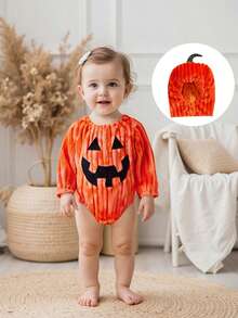 Infant Baby Halloween Bubble Romper Pumpkin Ghost Embroidery Long Sleeve Bodysuit With Hat Clothes Set - Orange - View 9