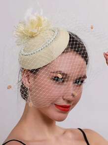 1 Stück Damenhut im europäischen und amerikanischen Stil mit Perlen, Retro Kopfschmuck mit Schleier und Federschmuck, Braut Haaraccessoire