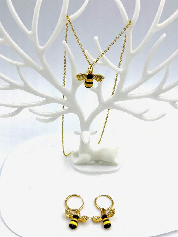1pc Gold Bee Rhinestone Pendant Necklace, Elegant Clavicle Necklace And Earrings Set For Women