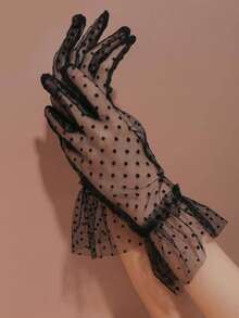 1 par de guantes de novia con volantes y estampado de lunares para mujer, accesorios de boda de otoño - Negro - Ver 1