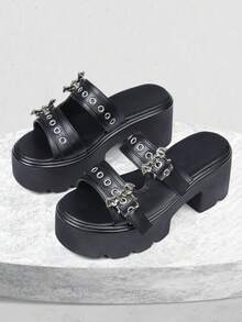 Womens Platform Sandals Round Open Toe Chunky Heel Goth Slipper Metallic Buckles Comfortable Slip On Breathable Home Beach Outdoor Casual Walking Easter Spring Summer Black Sandals For Women - 黑色 - 查看 3
