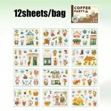 12 Sheets/Book Sticker Book Coffee Party Series Coffee Scenery PET Sticker Book, Scrapbook Supplies, Notebook Accessories, Decorative Notebooks, Photo Frames, Phone Cases, Water Cups, Junk Magazines, Pencil Cases, DIY Personalized Stickers, School Supplies, Back To School