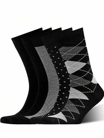 5 Pairs Men's Tall Solid Color Sailor Socks, Business Style Plaid Quality Sports Socks, European/American Size, Knee-High Socks, Black Socks, Blue Socks